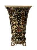 CHINOSERIE CHINESE PORCELAIN TALL VASE WITH FLORAL DESIGN IN BLACK AND YELLOW COLORS