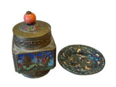 VINTAGE CHINESE EXPORT CHAMPLEVE ENAMELED TEA CADDY AND 19TH CENTURY ENAMELED SMALL DECORATIVE DISH