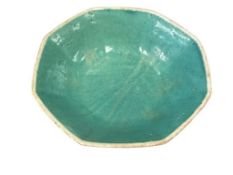 ANTIQUE CHINESE PORCELAIN TONGZHI HEXAGONAL PEDESTAL TURQUOISE BOWL WITH FLORAL DESIGN