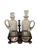 FRENCH NAPOLEAN III CRYSTAL OIL AND VINEGAR CRUET ET WITH MAHOGANY WOOD CADDY