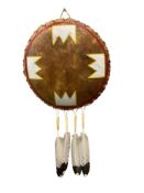 20TH CENTURY NATIVE AMERICAN GHOST DANCE SHIELD HAND PAINTED SHAPES WITH FEATHERS