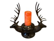 STETSON BRONZE DOUBLE HEADED ELK CANDLE HOLDER CENTERPIECE WESTERN DECOR