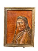RICHARD AND NANNY GORDLEY TOOLED LEATHER NATIVE AMERICAN PORTRAIT TITLED HOLDING EAGLE DATED 1980