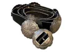 VINTAGE LEATHER AND SILVER ENGRAVED SOUTHWEST CONCHO BELT