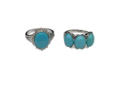TWO STERLING SILVER SYNTHETIC TURQUOISE FASHION RINGS