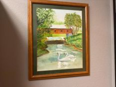 ORIGINAL WATERCOLOR OF RIVER LANDSCAPE FEATURING A PAIR OF SWANS SIGNED BY ARTIST FULLER