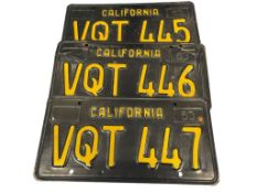 THREE SETS 1963 BLACK AND YELLOW CALIFORNIA CONSECUTIVE NUMBER AUTOMOBILE / VEHICLE LICENSE PLATES
