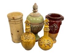 DECORATIVE CERMICS INCLUDINT TALL VASES, FOOTED JAR, AND PAIR OF DECANTERS