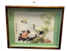VINTAGE HAND CARVED JAPANESE SHELL ART OF HERONS, PEONY, AND BAMBOO 3D ART