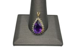 14K YELLOW GOLD PEAR CUT AMETHYST AND DIAMOND CUT PENDANT