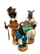 THREE HOPI / APACHE NATIVE AMERICAN KACHINA DOLLS CROW DANCER, KOKOPELI, AND HOTOTO