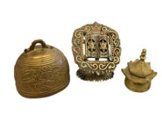 CHINESE AND ISRAEL BRASS DECORATIONS, HEBREW TEN COMMANDMENTS ORNATE HOOK AND CHINESE BELLS