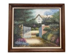 HELEN ORIGINAL ACRYLIC ON CANVAS DEPICTS COTTAGE SURROUNDED BY FLOWERS AND MATURE TREES, FRAMED