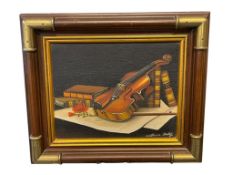 WILLIAM BISLEY ORIGINAL OIL ON CANVAS STILL-LIFE VIOLIN AND BOOKS PAINTING