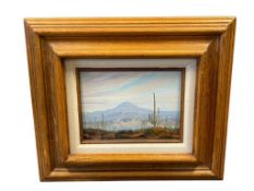 SIGNED ORIGINAL OIL ON BOARD PAINTING DESERT LANDSCAPE SAGUARO CACTI AND MOUNTAINS