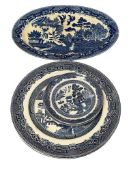 VINTAGE ENGLISH BLUE AND WHITE BLUE WILLOW CHINA PLATES PLATTER AND SAUCERS JOHNSON BROS / JAPAN