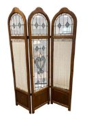 THREE PIECE OAK COUNTRY CONTEMPORARY ROOM DIVIDER WITH LEAD GLASS PANELS AND LACE CURTAINS