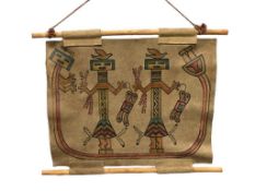 VINTAGE 1960'S NATIVE AMERICAN YEI BEI CHEI DANCERS ART ON SUEDE LEATHER SIGNED BY ARTIST