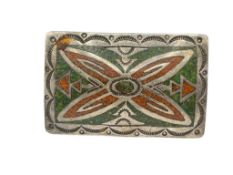 VINTAGE NAVAJO ARTIST SIGNED STERLING SILVER INLAID CRUSHED TURQUOISE AND CORAL BELT BUCKLE