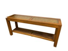 VINTAGE 1980'S WOODEN OAK GRAIN CONSOLE / SOFA TABLE WITH GLASS TOP INSERTS