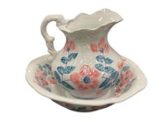 PORCELAIN HAND PAINTED WASH BASIN AND PITCHER WITH FLORAL DESIGN