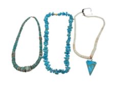 THREE TURQUOISE ACCENTED NECKLACES INCLUDING BLUE TURQUOISE, HEISHI BEADS, AND TURQUOUSE PENDANT
