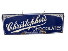 ANTIQUE CHRISTOPHER'S CHOCOLATES PORCELAIN ENAMELED METAL SIGN COBALT BLUE AND WHITE