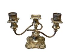 20TH CENTURY ORNATE SILVER PLATED CANDELABRA WITH FLORAL FILIGREE DESIGN