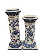 PAIR OF CHINOSERIE COBALT BLUE AND WHITE PORCELAIN CANDLESTICK HOLDERS