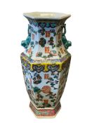 VINTAGE TALL CHINESE EXPORT PORCELAIN HEXAGONAL SHAPED FAMILLE VASE