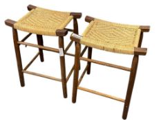 MID-CENTURY MODERN CHARLOTTE PERRIAND STYLE OAK AND RUSH WOVEN STOOLS