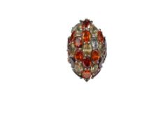 STERLING SILVER OVAL CUT SYNTHETIC STONE RING FEATURING RED AND ORANGE STONES