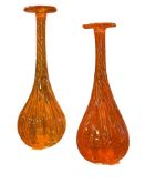 PAIR OF ORANGE ITALIAN ART GLASS HAND BLOWN VASES WITH SWIRL DESIGN MID-CENTURY GLASS