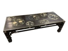 VINTAGE BLACK LACQUERED CHINOSERIE RECTANGULAR TEA TABLE WITH FLORAL MOTERH OF PEARL INLAY
