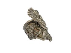 VINTAGE STERLING SILVER MEXICO HINGED REPOUSSE CLAMPER BRACELET FEATURING QUETZALCOATL AND XOLOTL