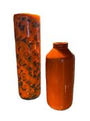 MID-CENTURY POTTERY ORANGE LAVA CYINDRICAL VASE AND PACIFIC STONEWARE ORANGE GLAZE BOTTLE