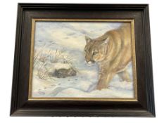 C. CAUBIN 2008 ORIGINAL OIL ON BOARD PAINTING OF MOUNTAIN LION HUNTING