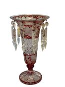 LATE 19TH CENTURY BOHEMIA RUBY RED ETCHED TO CLEAR LUSTER / VASE WITH CRYSTAL PRISMS