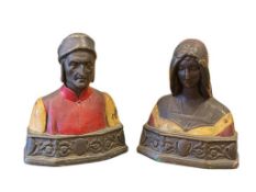 1920'S ART DECO PERIOD DANTE AND BEATRICE ARMOR BRONZE CO. CLAD FIGURAL BUST BOOKENDS NO. 138