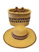 HAND WOVEN AFRICAN STRAWHAT WITH CHIN STRAP AND WOVEN SEAGRASS BASKET WITH LEATHER STRAPS
