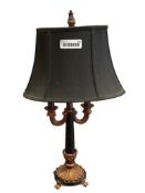 FRENCH STYLED COMPOSITE TABLE LAMP WITH BLACK AND BRONZE ACCENTS, FABRIC SHADE
