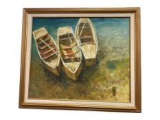 ORIGINAL HEAVY ACRYLIC ON CANVAS OF THREE DOKED ROW BOATS
