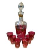VINTAGE ITALIAN ETCHED CRANBERRY GLASS DECANTER SET