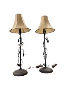 PAIR OF METAL LEAF DESIGN TABLE LAMPS WITH FABRI SHADES