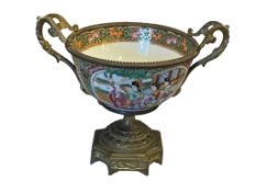 EARLY 20TH CENTURY CHINESE GILT BRONZE MOUNTED PORCELAIN ROSE FAMILLE BOWL