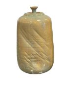 ARTIST SIGNED STUDIO POTTERY VASE WITH LID FAINT BLUE AND BEIGE GLAZE