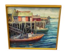 CIRCA 1970'S ORIGINAL OIL ON BOARD OF A HARBOR FISHING BOATS