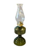 VINTAGE EAGLE DEPRESSION GREEN GLASS OIL LAMP WITH CHIMNEY