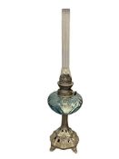 ANTIQUE EARLY 20TH CENTURY HANDBLOWN ART GLASS FRENCH OIL LAMP WITH METAL BASE