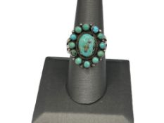 ANTIQUE OLD PAWN NAVAJO STERLING SILVER TURQUOISE CLUSTER RING